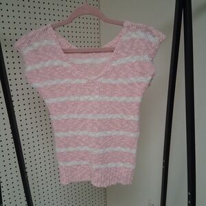 Vintage 80s Chenille Knit Top Pink White Stripe Pastel Cozy Retro Sweater Medium